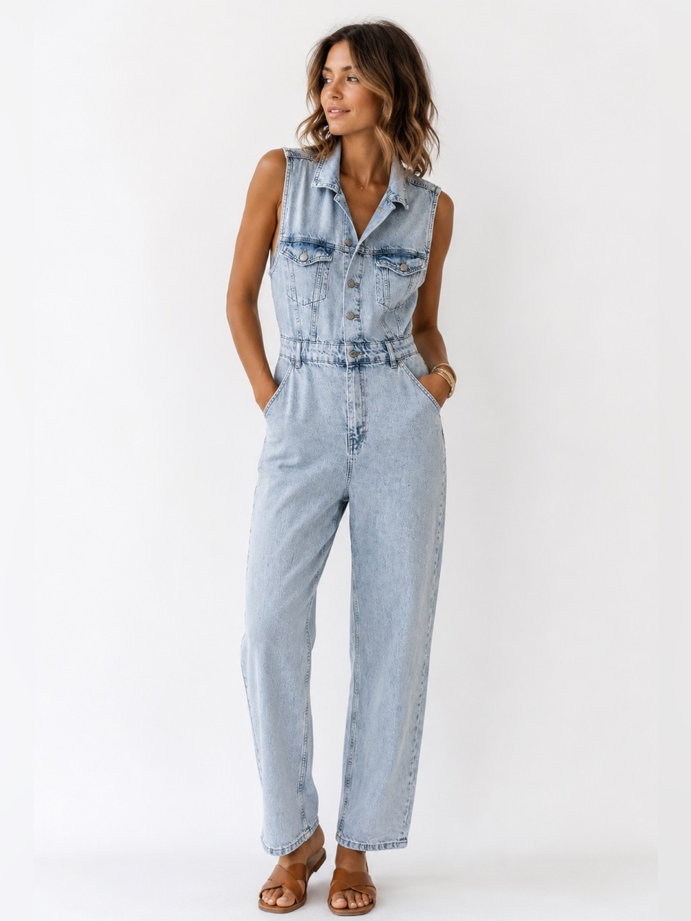 Costes Denim Jumpsuit Sleeveless Light Wash Blue Used Light Size Large NWOT